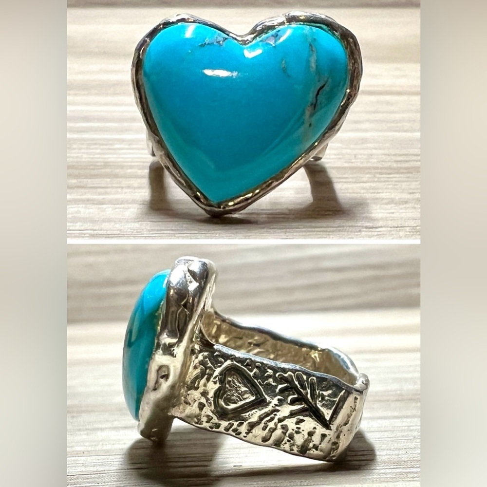 Designer Peyote Bird Square Sterling Silver Turquoise Heart Ring, Size 4.5